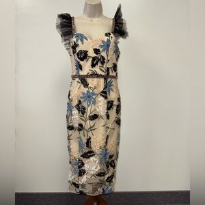 Lulus (XS) Formal Neutral Embroidered Sequin Dress with Ruffle Sheer Straps